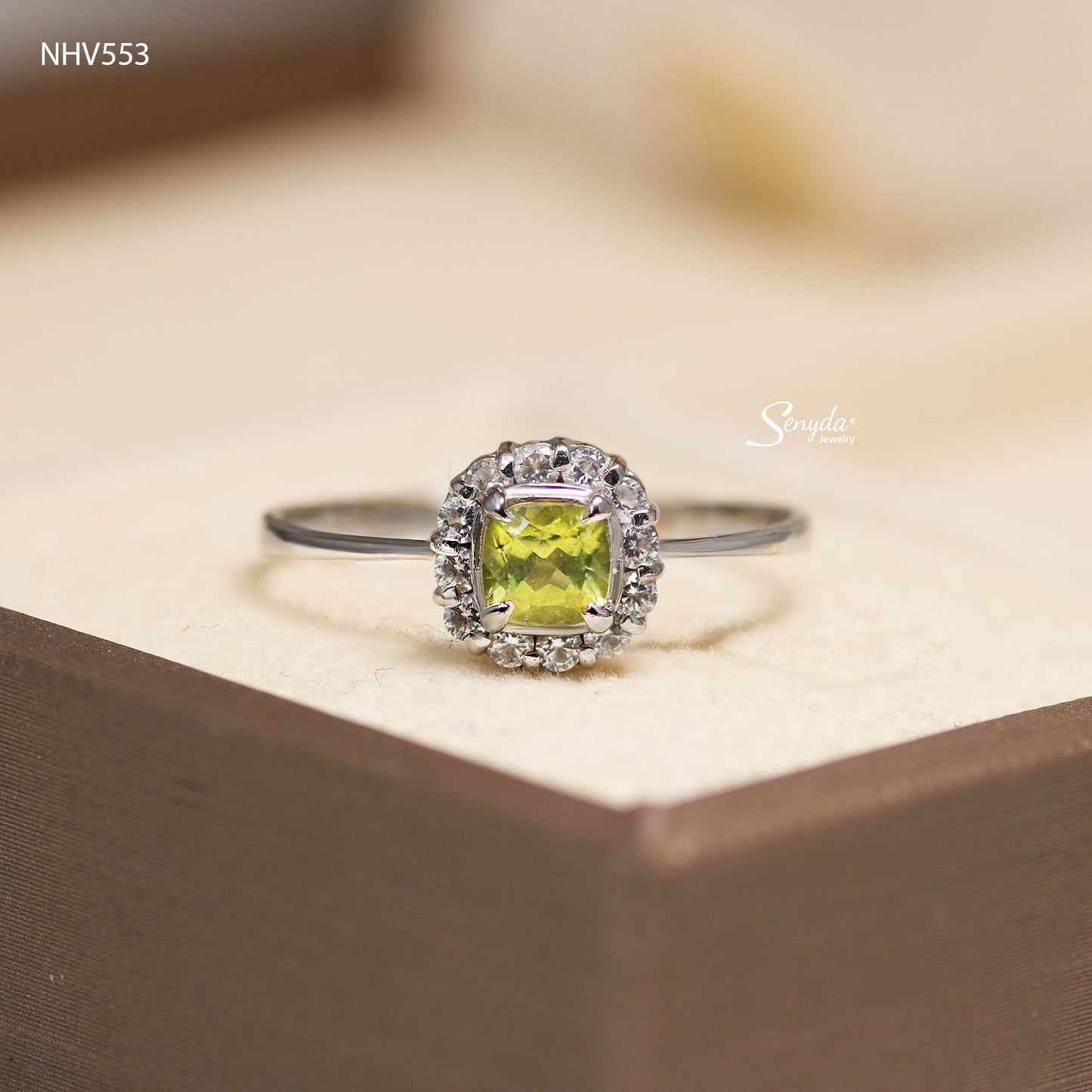 16K Solid Gold Mini Cushion Cut Peridot Halo Ring
