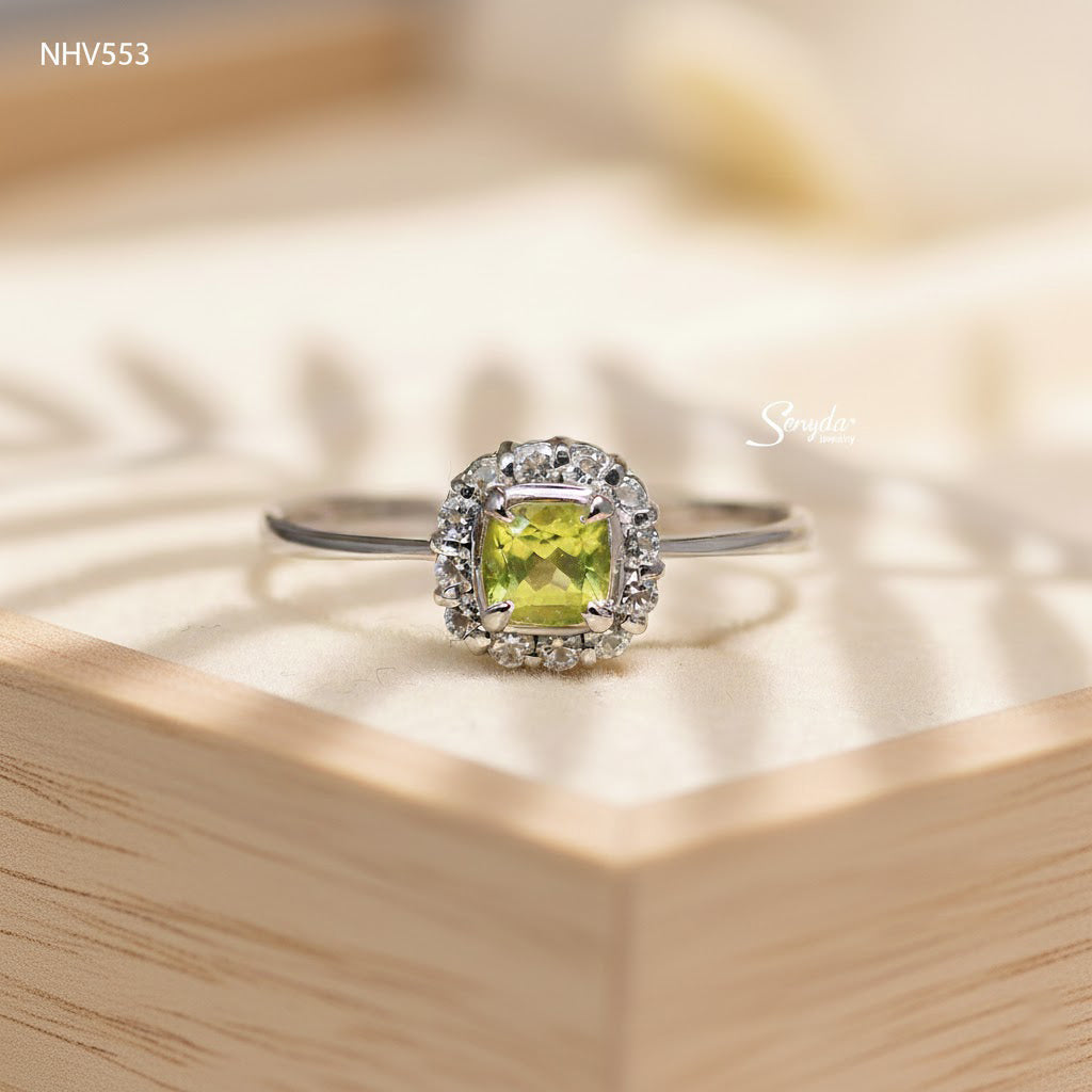 16K Solid Gold Mini Cushion Cut Peridot Halo Ring