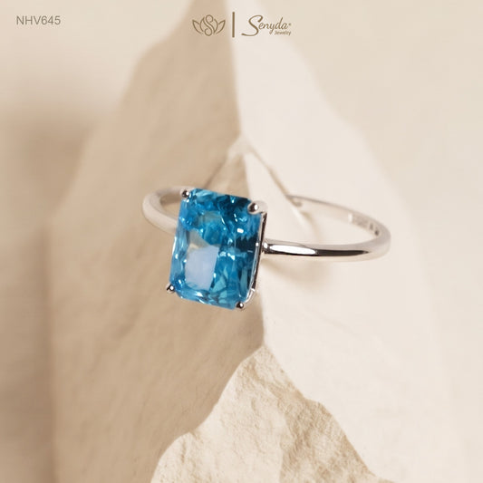 14K Solid Gold Rectangle Cubic Zirconia Blue Stone Ring