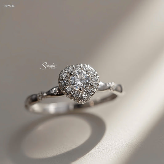 10K Solid White Gold CZ Bud Round-Set Engagement Ring