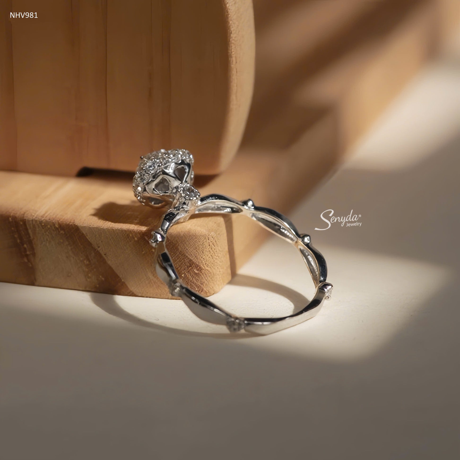 10K Solid White Gold CZ Bud Round-Set Engagement Ring