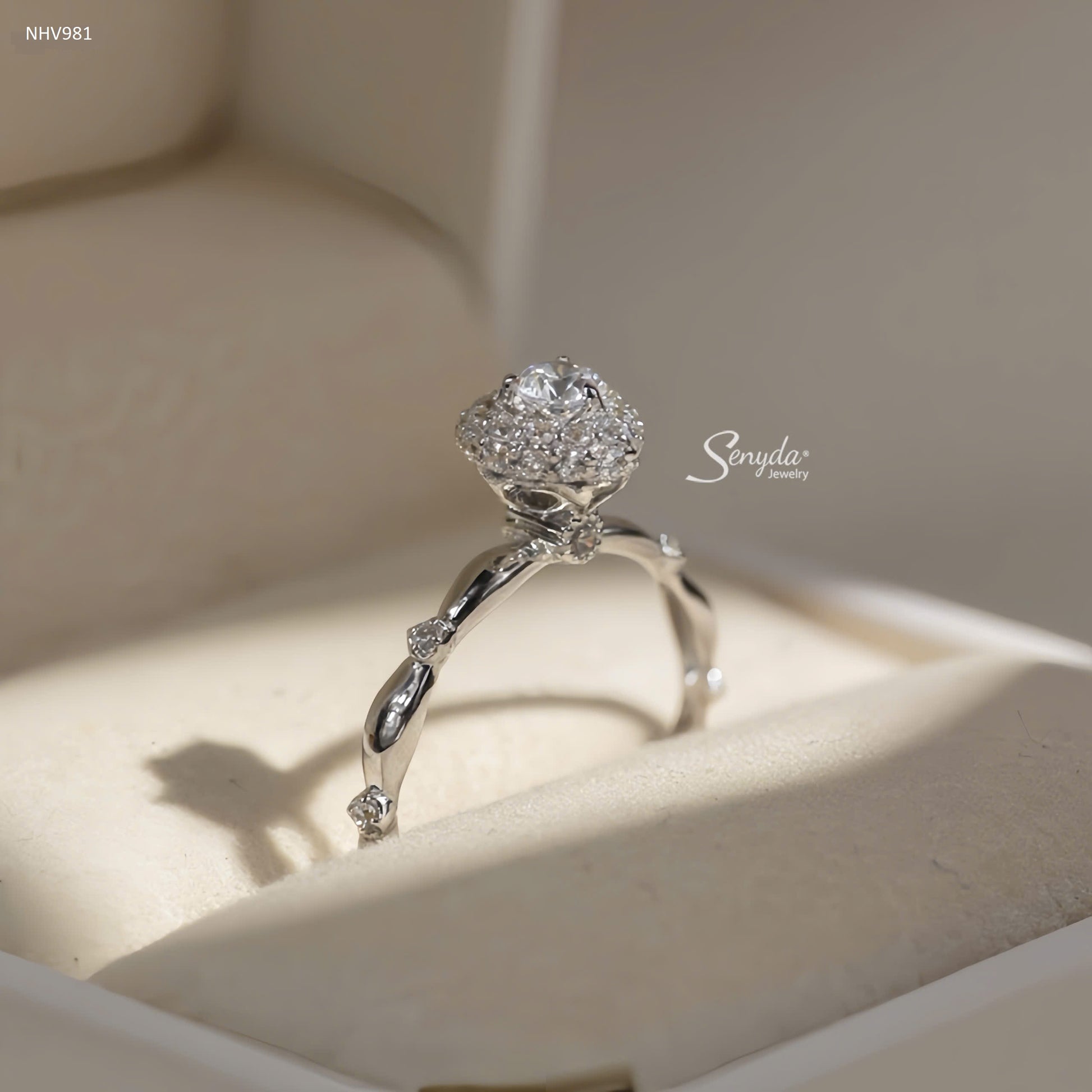 10K Solid White Gold CZ Bud Round-Set Engagement Ring