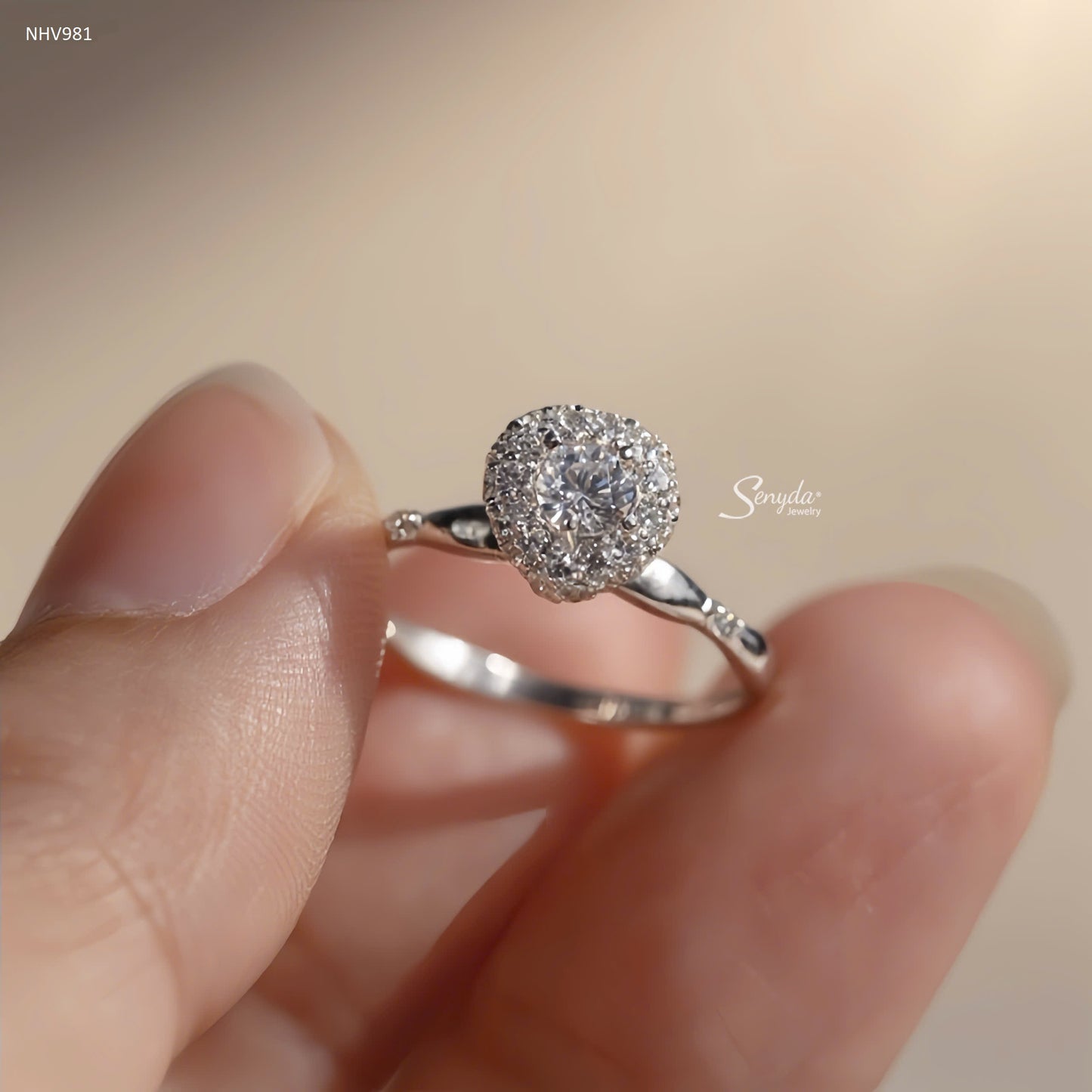 10K Solid White Gold CZ Bud Round-Set Engagement Ring