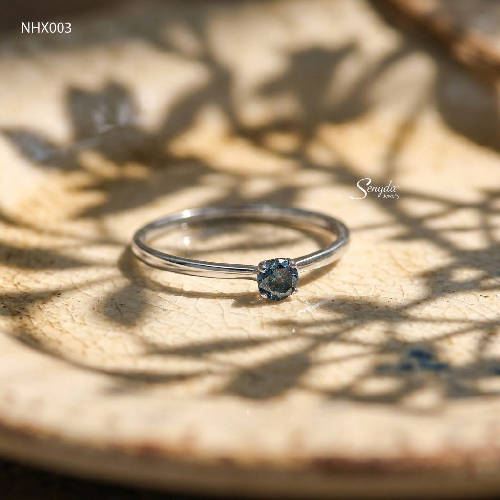 14K Solid Gold Dark Blue Diamond Engagement Ring