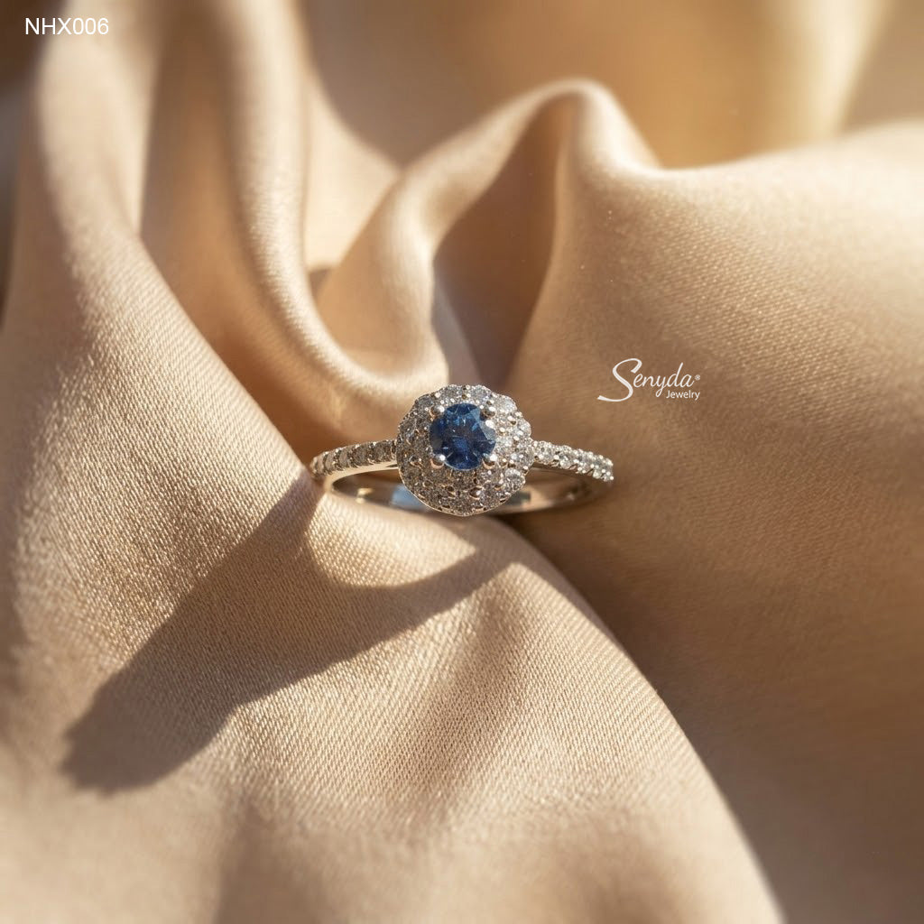 10K Solid Gold Halo Blue Diamond Ring