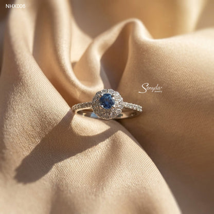 10K Solid Gold Halo Blue Diamond Ring
