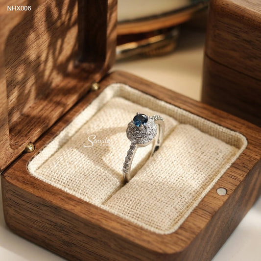 10K Solid Gold Halo Blue Diamond Ring