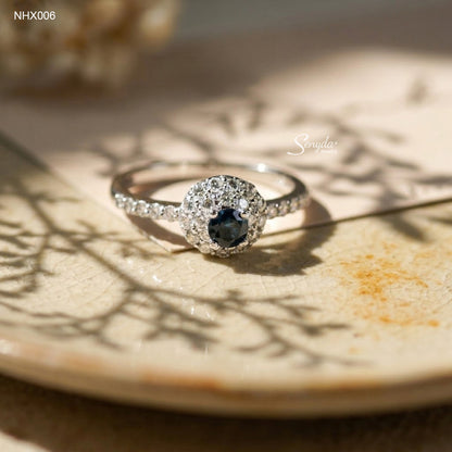 10K Solid Gold Halo Blue Diamond Ring