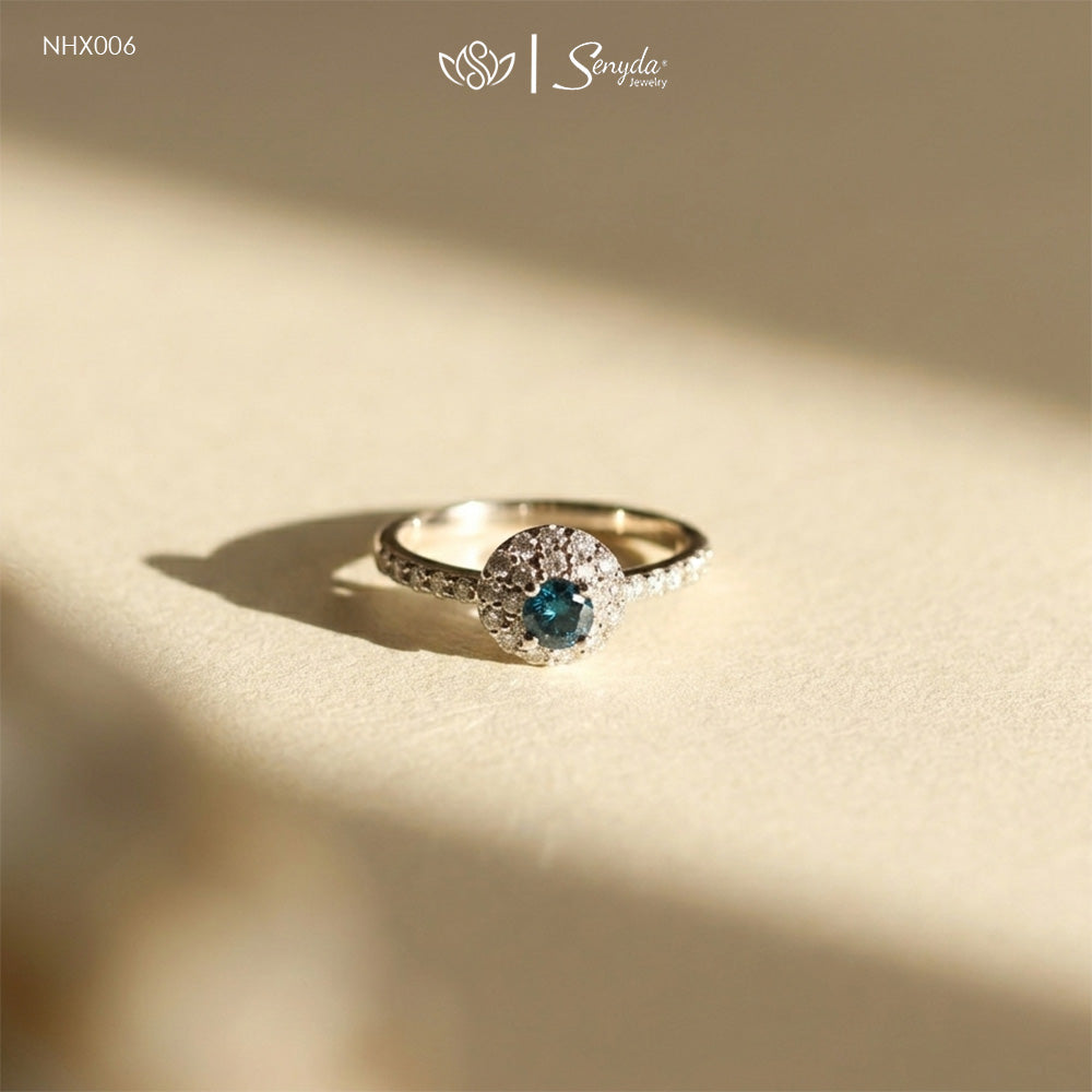 10K Solid Gold Halo Blue Diamond Ring