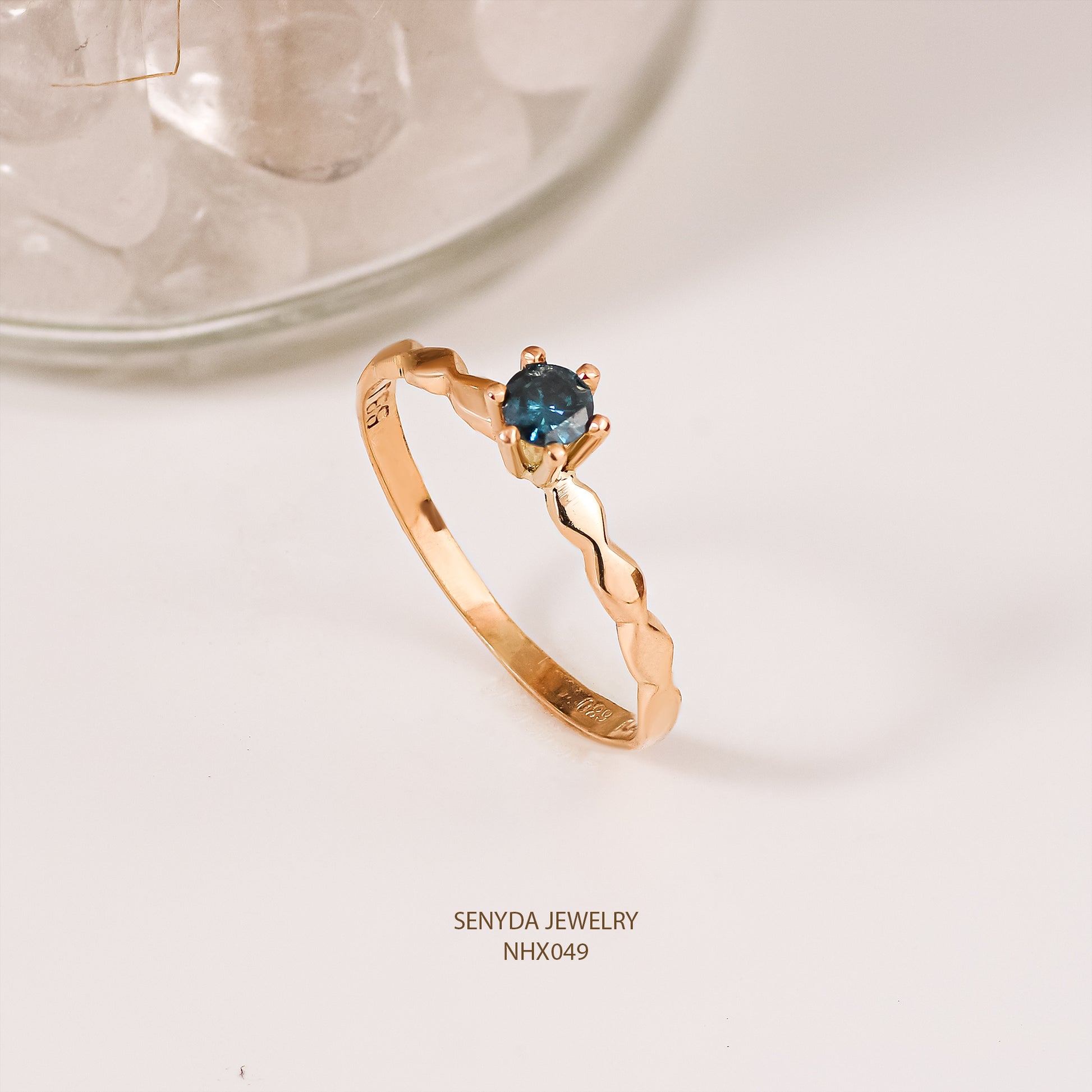 16K Solid Gold Dark Blue Diamond Ring With Geometric Lozenge Band
