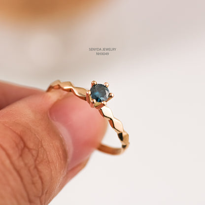 16K Solid Gold Dark Blue Diamond Ring With Geometric Lozenge Band
