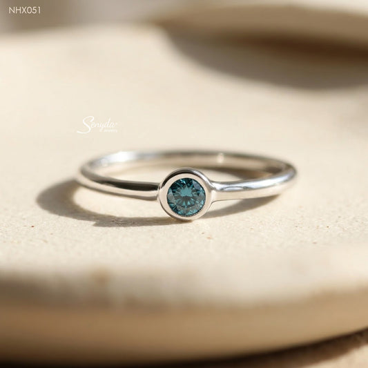 18K Solid Gold Dark Blue Diamond Bezel Ring
