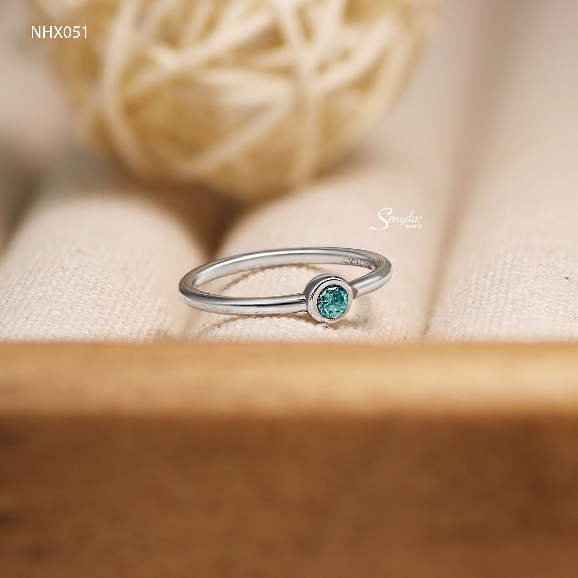18K Solid Gold Dark Blue Diamond Bezel Ring
