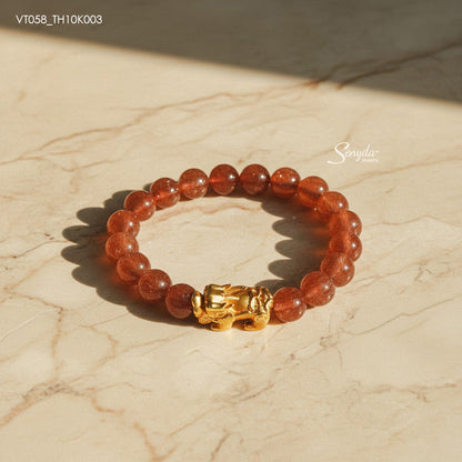 Natural Strawberry Quartz Bracelet With Large 10K Gold Pixiu Charm