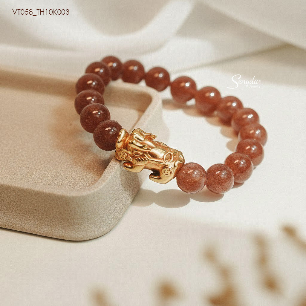 Natural Strawberry Quartz Bracelet With Large 10K Gold Pixiu Charm
