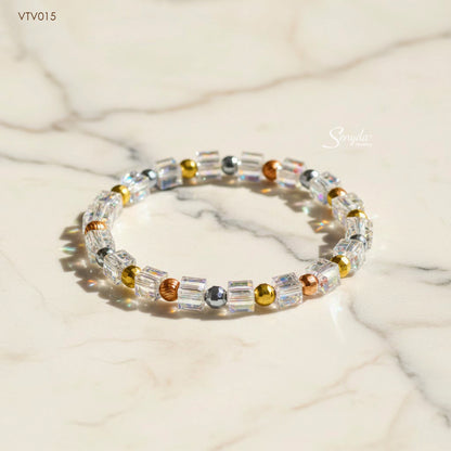 Iridescent Crystal Cube Bracelet With Faceted Gold Beads