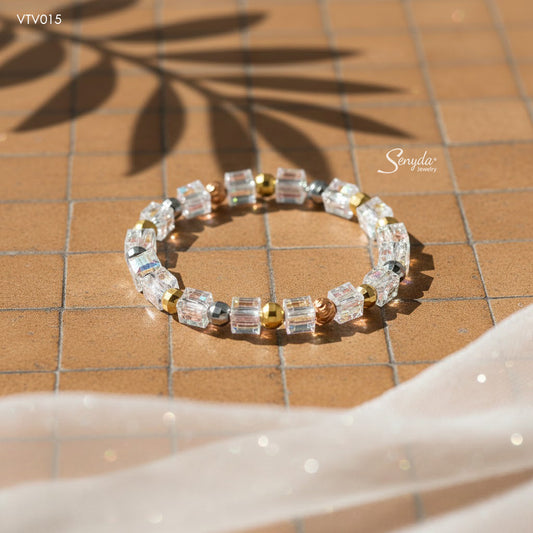 Iridescent Crystal Cube Bracelet With Faceted Gold Beads