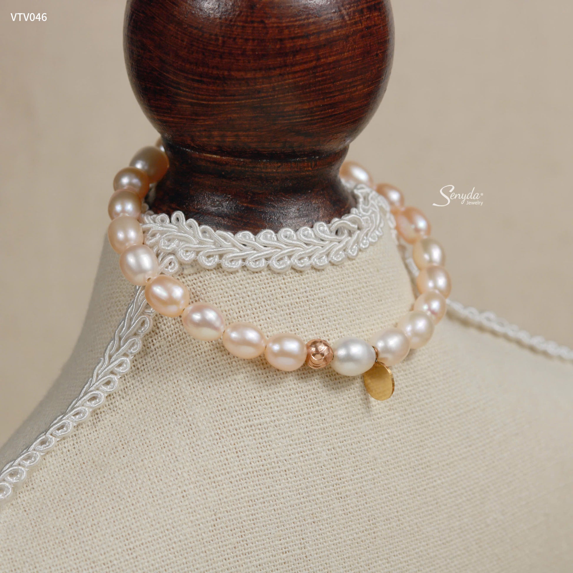 Senyda 10K Solid Gold Freshwater Pearls 8x6,5mm Bracelet With Roundtag And Beads