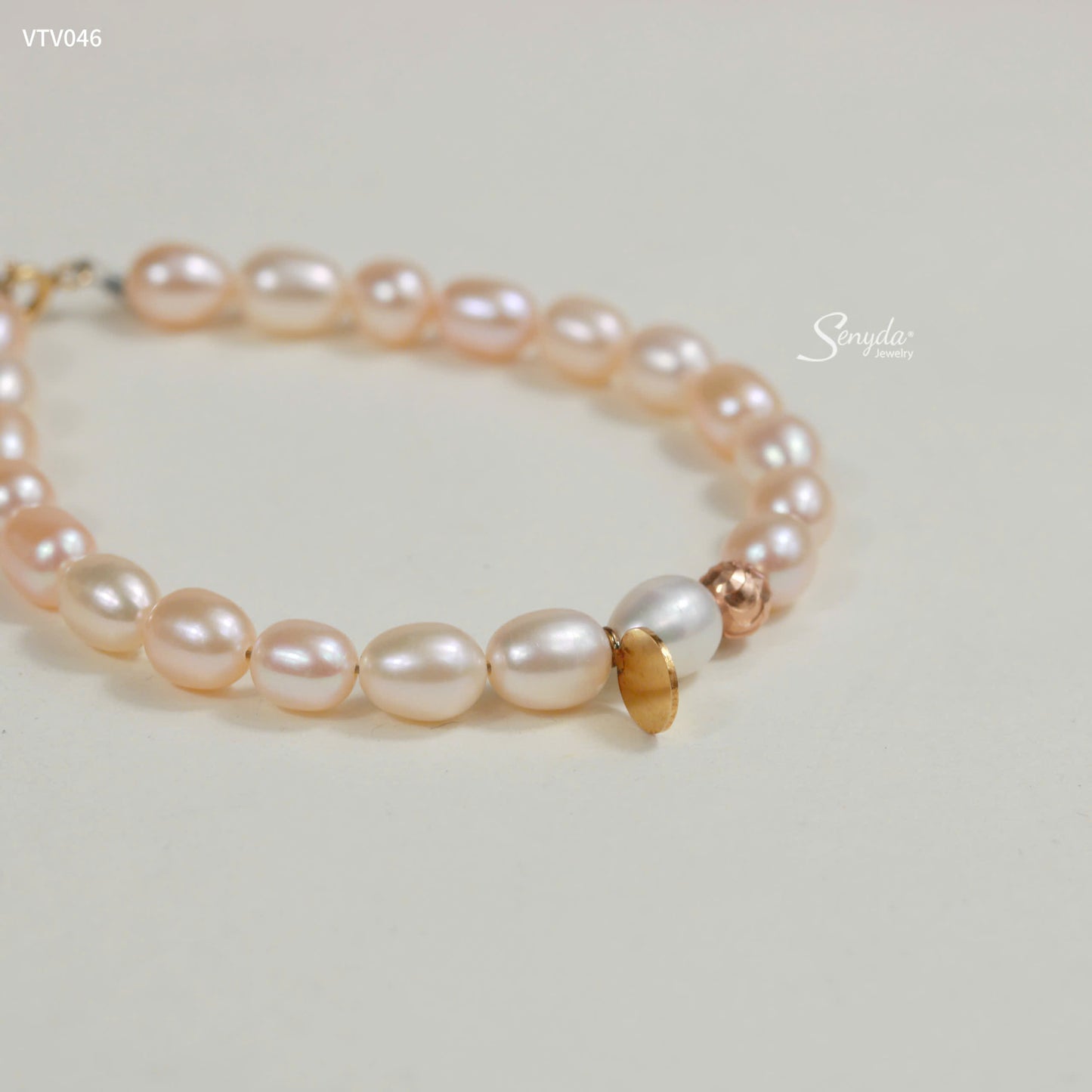 Senyda 10K Solid Gold Freshwater Pearls 8x6,5mm Bracelet With Roundtag And Beads