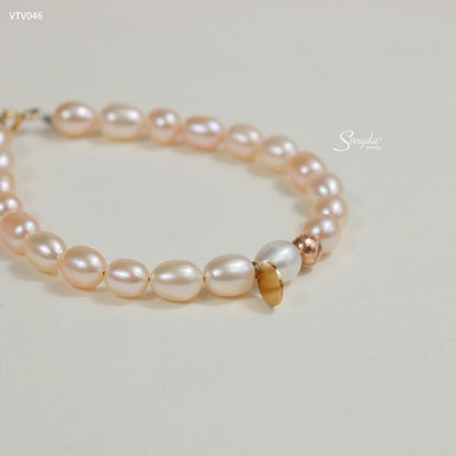 Senyda 10K Solid Gold Freshwater Pearls 8x6,5mm Bracelet With Roundtag And Beads