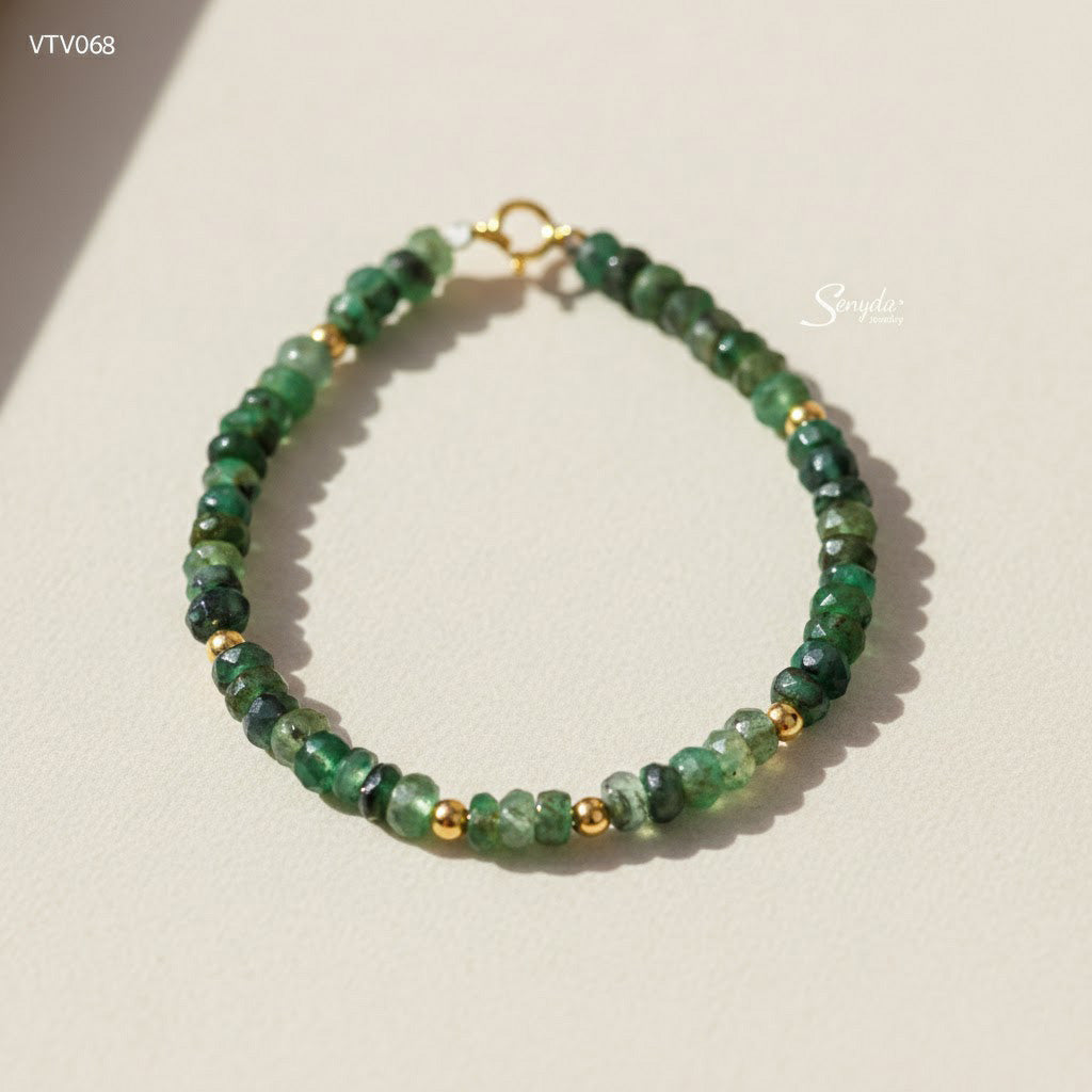 14K Solid Gold 2.5mm Faceted Emerald Beaded Bracelet