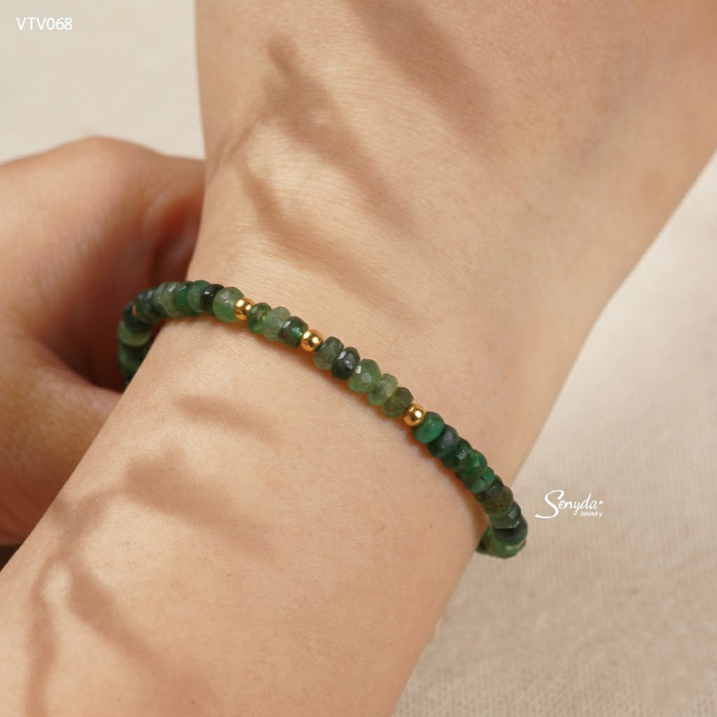 14K Solid Gold 2.5mm Faceted Emerald Beaded Bracelet