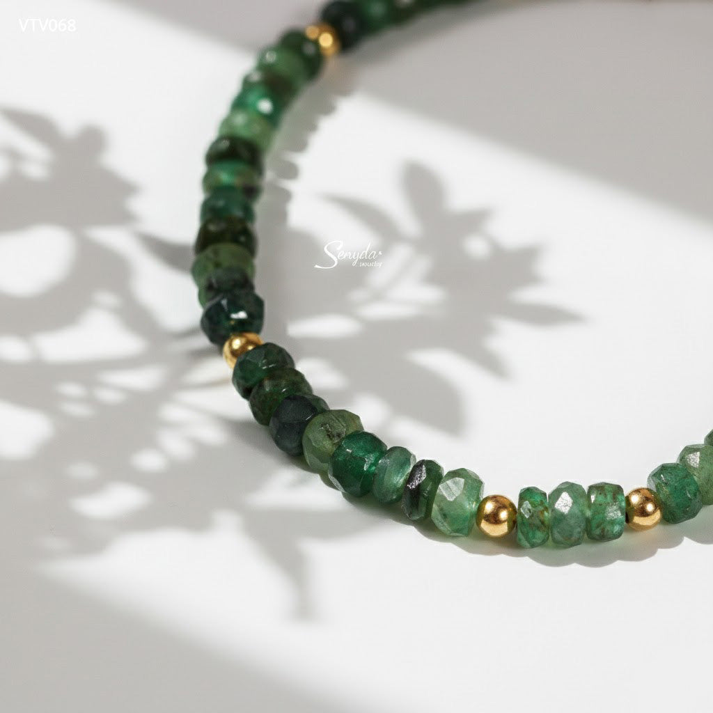 14K Solid Gold 2.5mm Faceted Emerald Beaded Bracelet